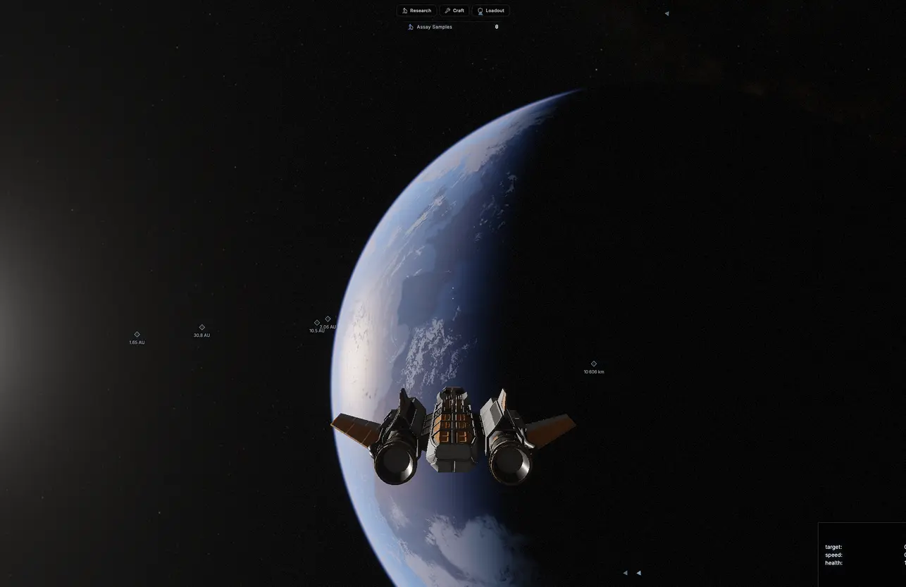 A spacecraft orbiting a planet in Stellar Nomad